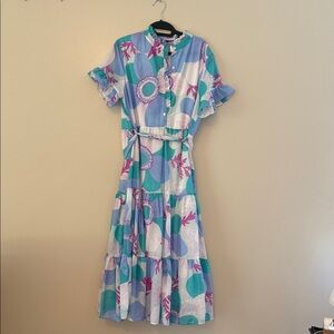 J. Marie Blue and Purple Floral Print Tiered Midi Dress size Medium